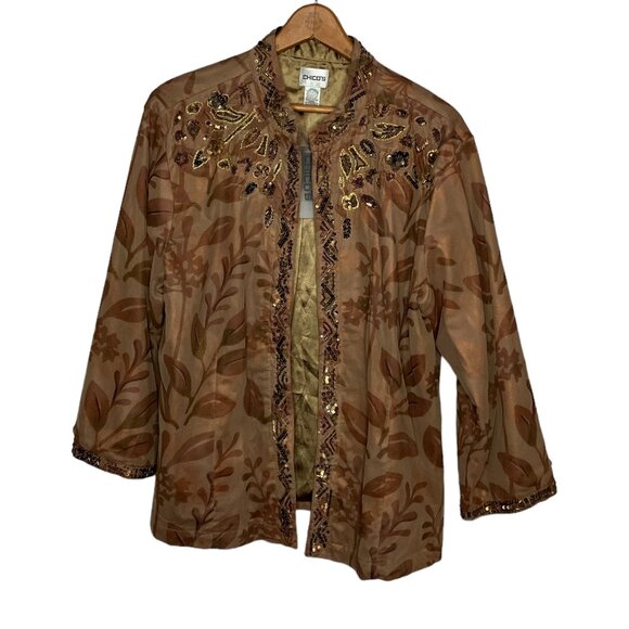 Chico's Jackets & Blazers - New Chico's 3 Brown Netted Leaf Print Embellished Beaded Mars‎ Blazer Jacket XL